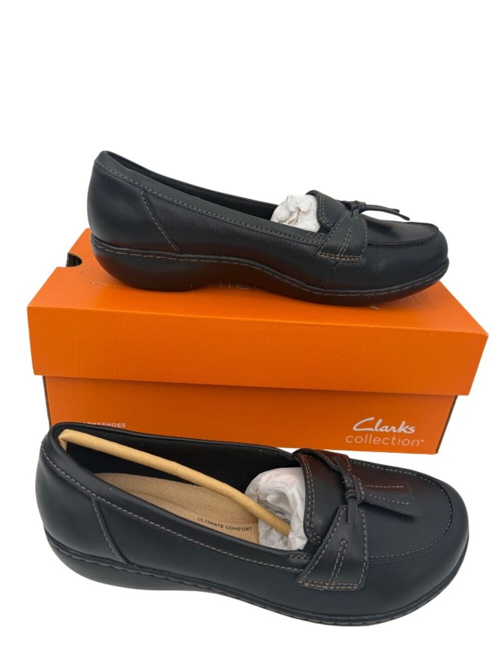 NWT & ORIG BOX CLARKS COLLECTION ASHLAND BUBBLE COMFORT BLACK LOAFERS - 8XW